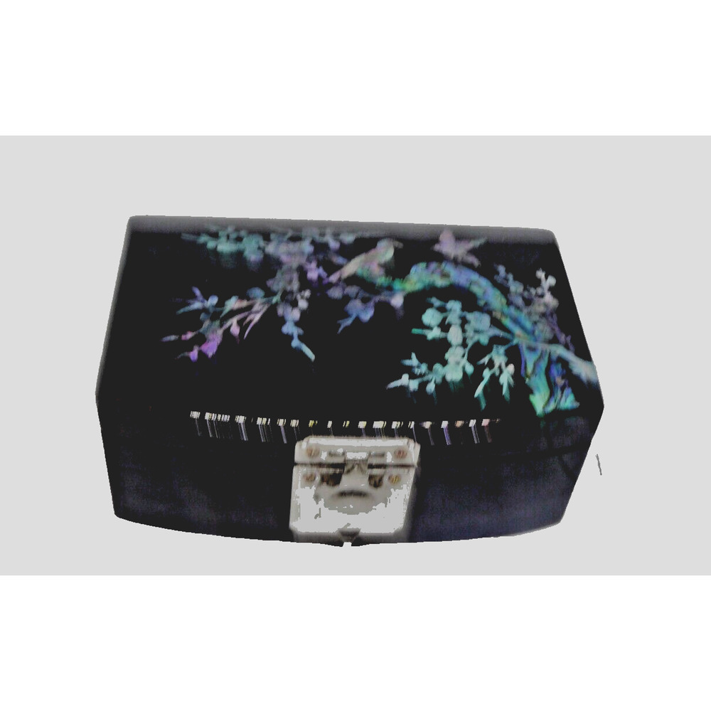 Asian Black Lacquer Jewelry Box MOP Bird Floral Inlay Turtle Latch VTG